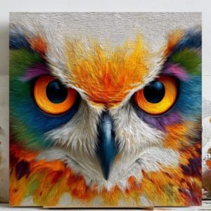 Colorful Owl Face, Oil Painting Print, Modern Living Room Decor, Vibrant Abstract Style, Animal Portrait Canvas, Office Art, Palette Knife