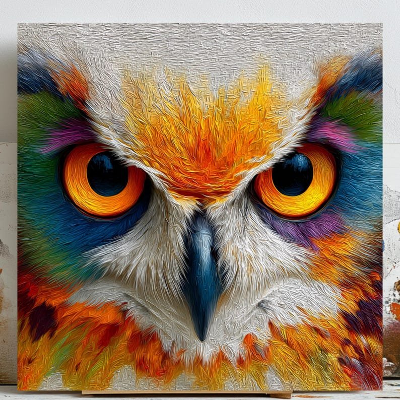 Colorful Owl Face, Oil Painting Print, Modern Living Room Decor, Vibrant Abstract Style, Animal Portrait Canvas, Office Art, Palette Knife