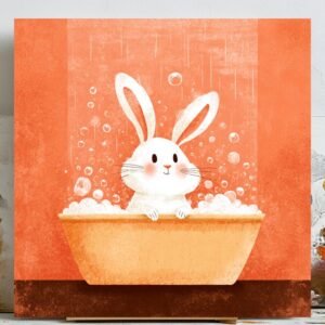White Bunny in Bathtub Wall Art, Canvas or Poster, Cute Rabbit Bathroom Decor, Whimsical Nursery Wall Art, Kids Bathroom Art, Orange Decor