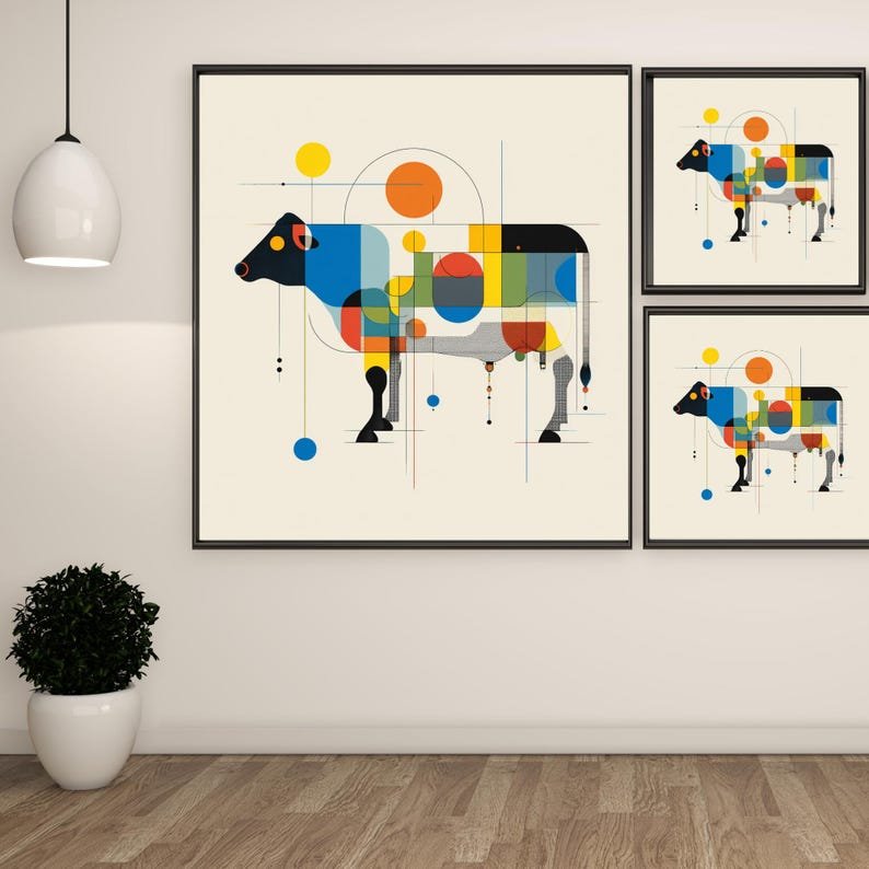 Abstract Geometric Cow Wall Art, Canvas Or Poster, Bauhaus Animal Decor, Modern Farmhouse Decor, Unique Living Room Art, Gift for Cow Lover - Image 2