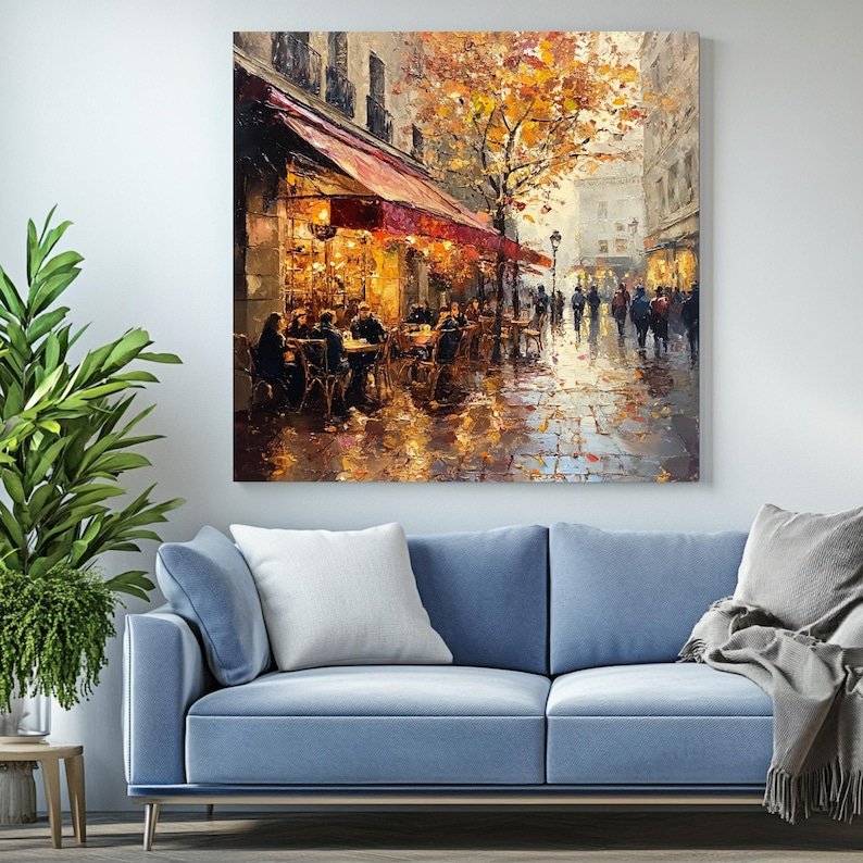 Paris Café Scene Wall Art, Canvas or Poster, Romantic Rainy City Painting, Autumn Street Scene, European Café Decor, Living Room Art - Image 4