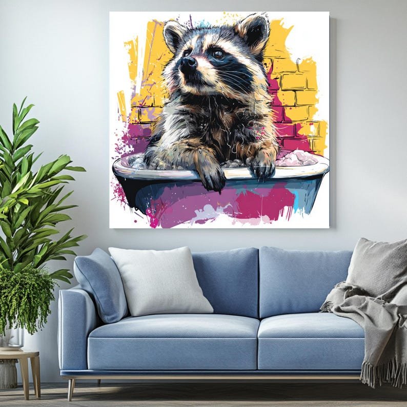 Raccoon in Bathtub Wall Art, Canvas Or Poster, Funny Bathroom Decor, Colorful Pop Art Print, Trash Panda Art, Modern Bathroom Wall Decor - Image 3