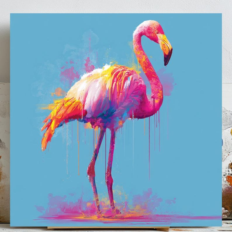 Flamingo Art, Canvas or Poster, Abstract Bohemian Glam Decor, Living Room Bedroom Wall Art, Multicolor Pink Blue Orange