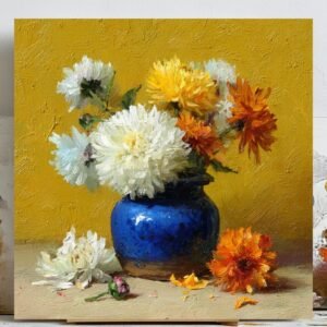 Yellow Floral Wall Art, Canvas Or Poster, Impasto Flower Oil Painting, Blue Vase Decor, Vibrant Still Life, Kitchen Decor, Farmhouse Art