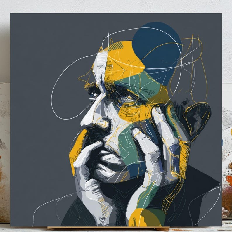 Abstract Man Portrait Wall Art, Canvas Or Poster, Contemporary Thinking Male Art, Modern Home Decor, Office Wall Decor, Masculine Gift Ideas
