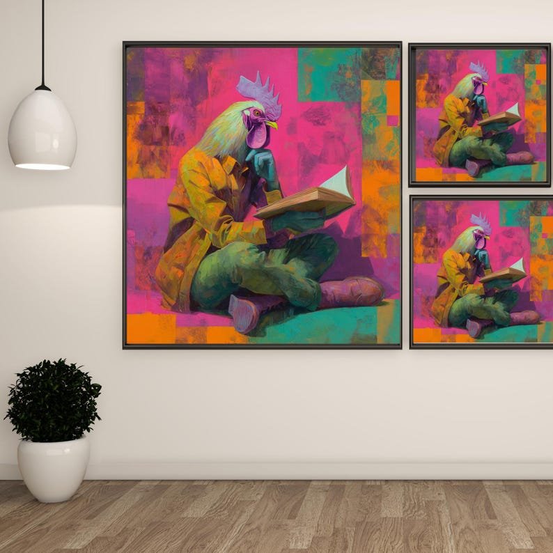 Rooster Reading Book Wall Art, Canvas Or Poster, Surreal Animal Decor, Modern Living Room Wall Hanging, Whimsical Office Decor, Reader Gift - Image 2