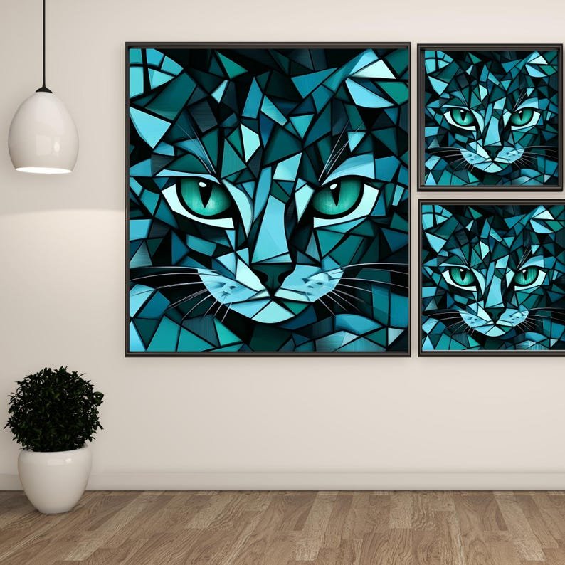 Abstract Cat Wall Art, Canvas or Poster, Modern Geometric Animal Decor for Living Room or Office, Blue Teal Contemporary Print, Home Decor - Image 2
