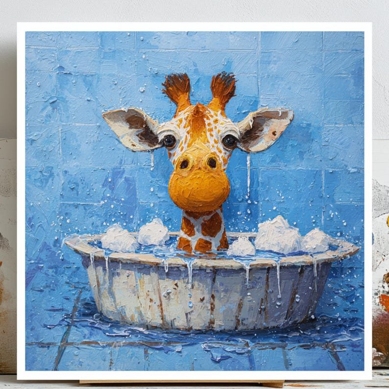 Giraffe In Bathtub, Canvas Or Poster, Bathroom Wall Art, Animal Decor, Nursery Wall Art, Bathroom Wall Decor, Giraffe Wall Hanging