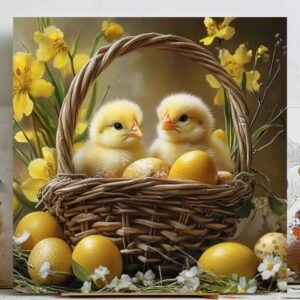 Easter Chicks in Basket, Canvas or Poster, Rustic Farmhouse Decor, Whimsical Animal Art, Easter Wall Hanging, Country Home Decor
