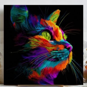 Rainbow Cat Art, Canvas or Poster, Contemporary Minimalist Decor, Living Room Bedroom Office Entryway Wall Art, Multicolor Blue Yellow Pink