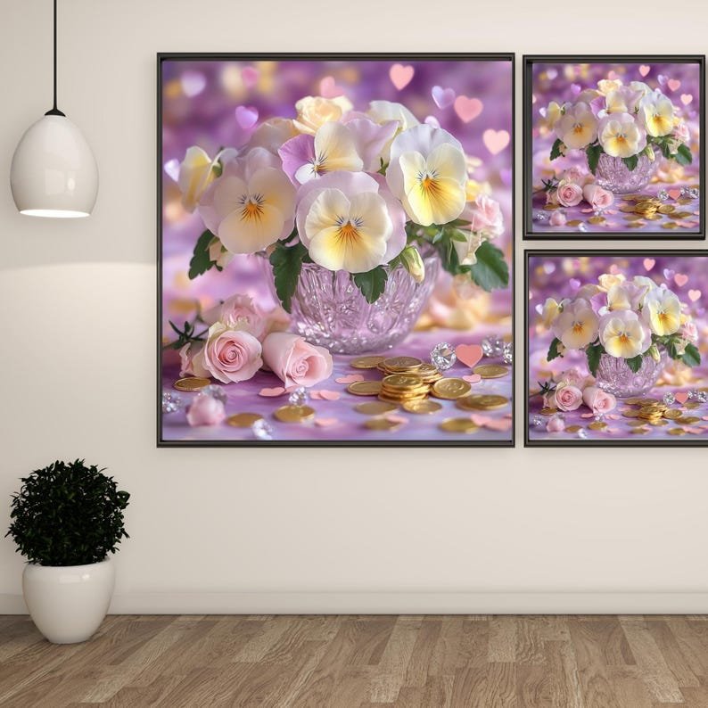 Pansy and Rose Print: Crystal Vase Floral Bouquet Canvas Art - Image 2