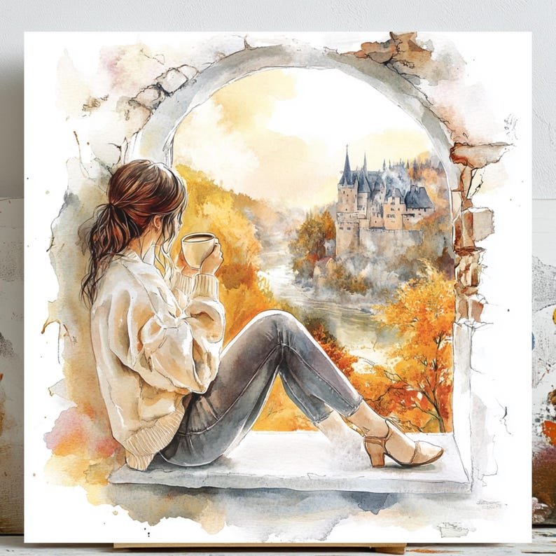 Fall Window View Wall Art, Coffee Aesthetic Print, Cozy Autumn Decor, Watercolor Landscape Painting,Feminine Wall Art,Home Office Wall Decor