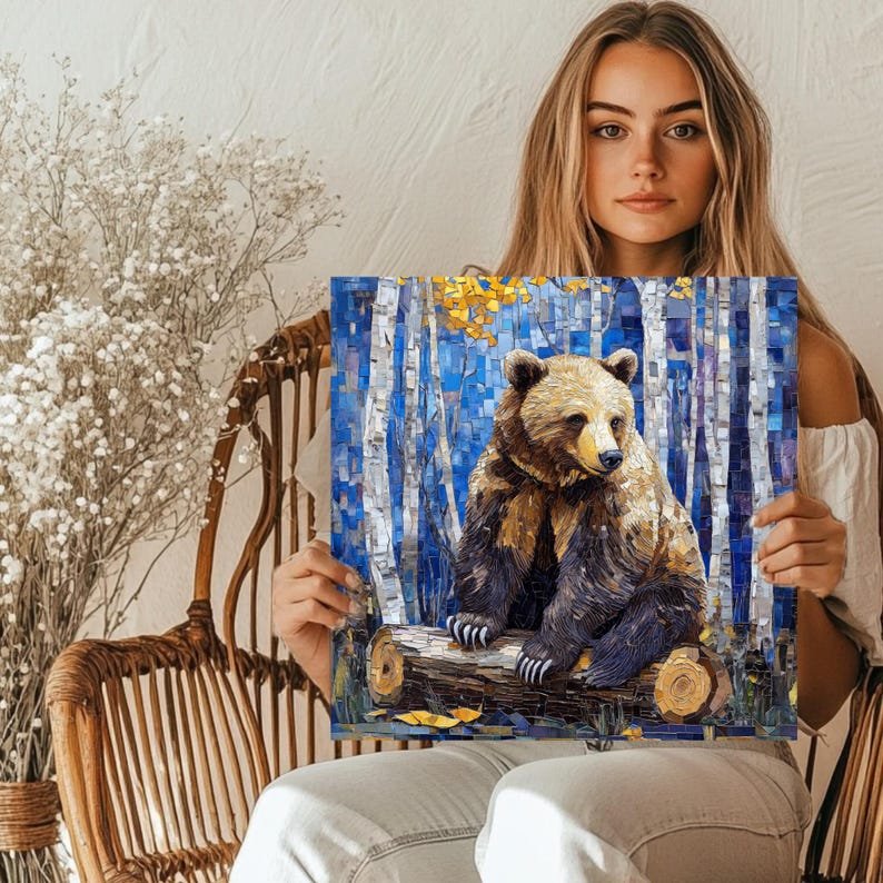 Mosaic Bear Wall Art, Canvas or Poster, Wildlife Animal Decor, Rustic Cabin Wall Hanging, Modern Nature Artwork, Blue Brown Gold Design - Image 5
