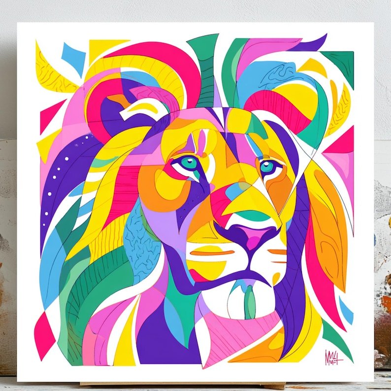 Colorful Lion Wall Art, Canvas Or Poster, Abstract Lion Decor, Modern Living Room Decor, Vibrant Animal Art, Lion Head Print, Geometric Art