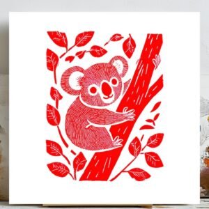 Red Koala Wall Art, Canvas Or Poster, Linocut Animal Print, Nursery Wall Decor, Australian Wildlife Art, Modern Kids Room Decor, Koala Gift