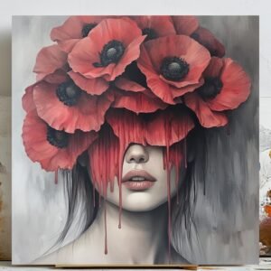 Red Poppy Woman Portrait: Surreal Fashion Illustration (Digital Wall Art)