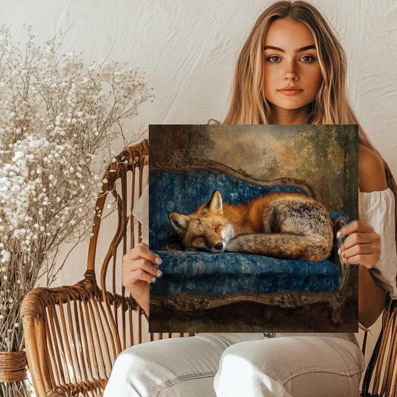 Sleeping Fox on Blue Sofa Art, Canvas or Poster, Rustic Glam Decor, Living Room Bedroom Office Wall Art, Brown Blue Gold Woodland Scene - Image 5
