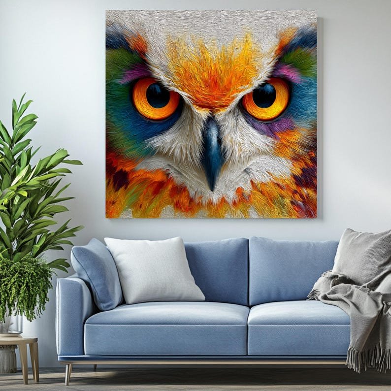 Colorful Owl Face, Oil Painting Print, Modern Living Room Decor, Vibrant Abstract Style, Animal Portrait Canvas, Office Art, Palette Knife - Image 3