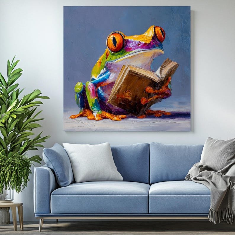 Frog Reading Book Wall Art, Canvas or Poster, Colorful Tree Frog Impasto Painting, Whimsical Animal Decor, Library Art, Book Lover Gift - Image 3