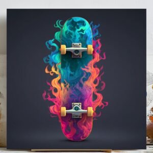 Colorful Flaming Skateboard Canvas or Poster, Modern Skater Wall Art, Vibrant Fire Board Design, Teen Room Decor, Gift for Skate Lovers