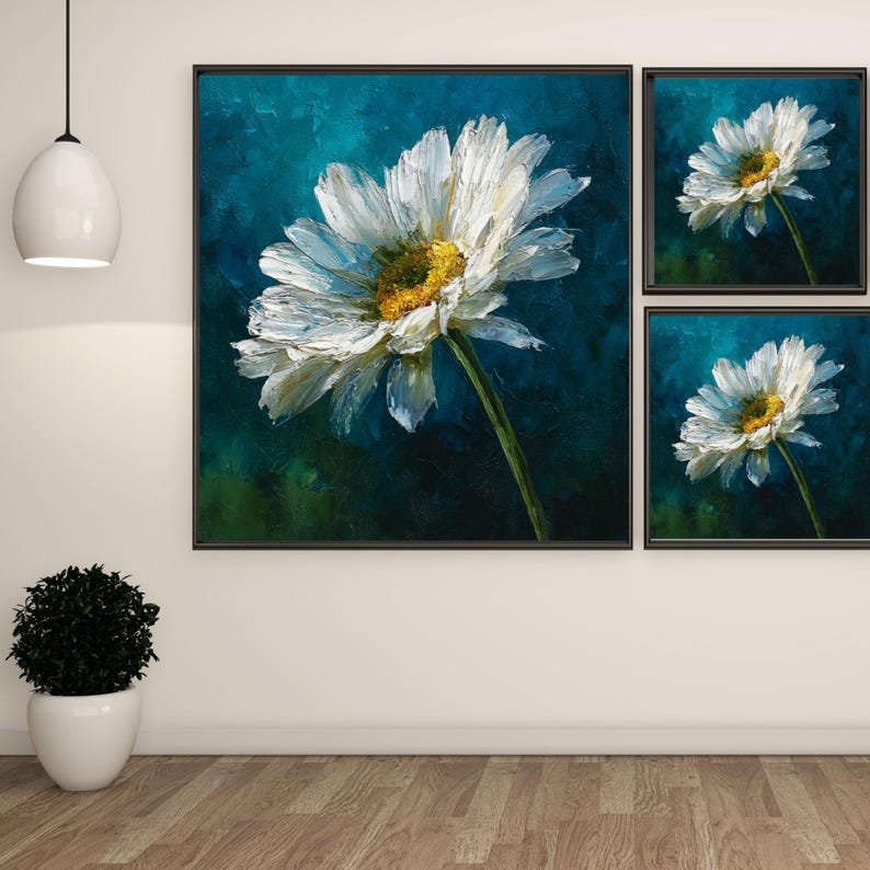 White Daisy Wall Art, Canvas or Poster, Impressionist Floral Painting, Teal Navy Background, Botanical Decor, Modern Farmhouse Flower Art - Image 2