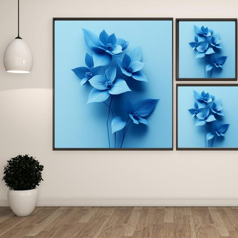 Monochrome Blue Flower Print: Minimalist Floral Canvas Art - Image 2