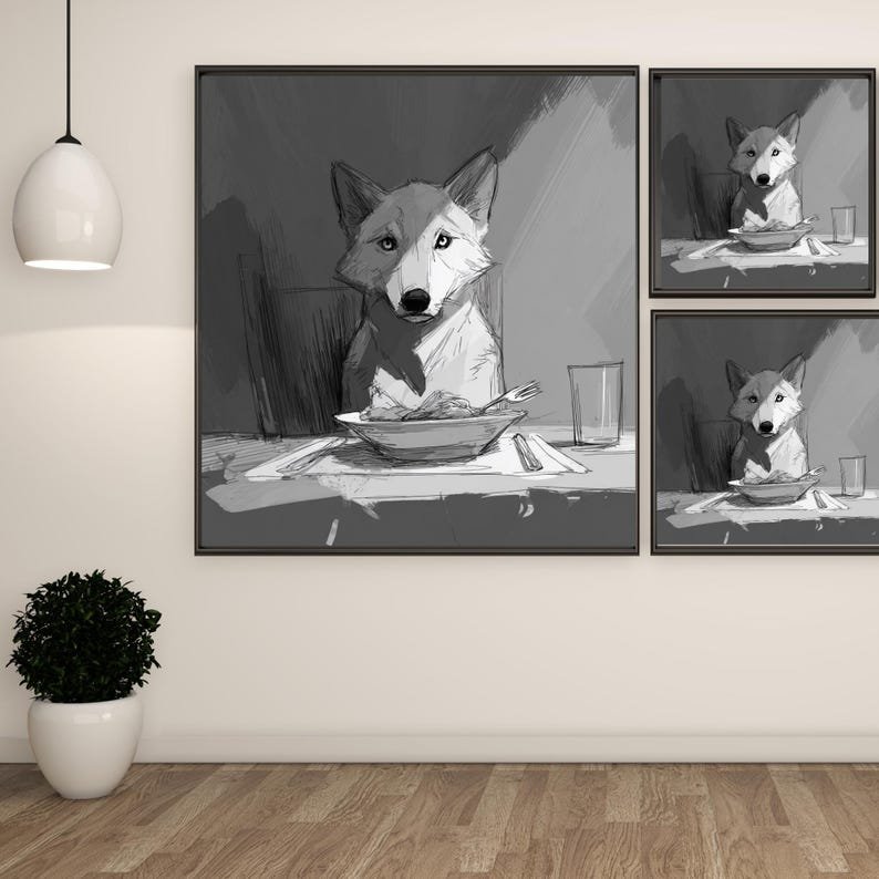 Wolf At Dinner Table, Canvas Or Poster, Animal Wall Art, Living Room Dining Room Art, Wolf Print, Contemporary Wall Hanging, Wolf Decor - Image 2