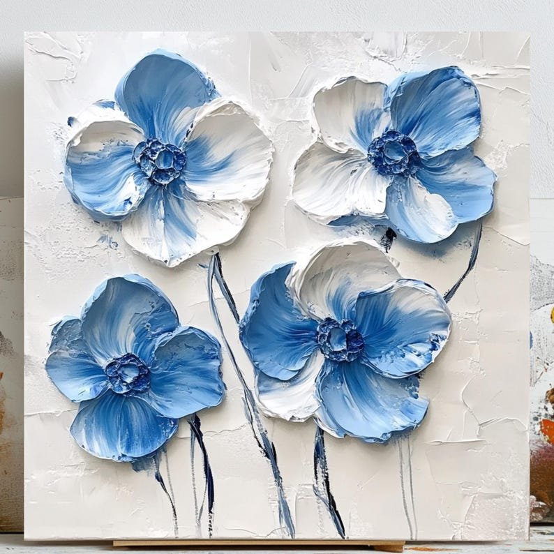 Blue and White Flower Wall Art, Canvas or Poster, Modern Floral Decor, Minimalist Wall Art, Elegant Home Wall Hanging, Contemporary Wall Art