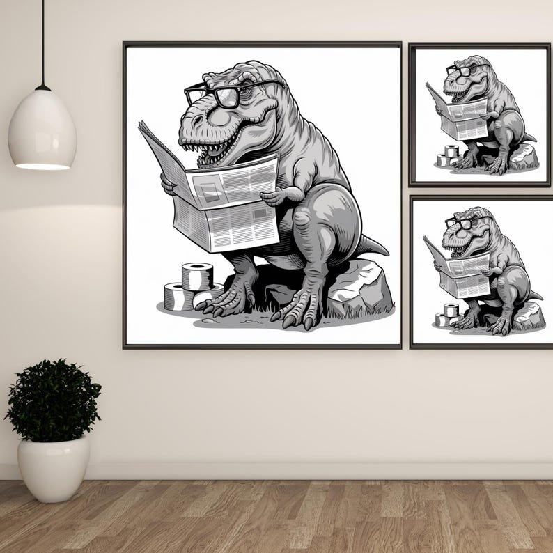 Dinosaur Art, Poster or Canvas, Vintage Pop Art Decor, Living Room Office Game Room Wall Art, Black White Yellow Brown, Nerdy T Rex Reading - Image 2