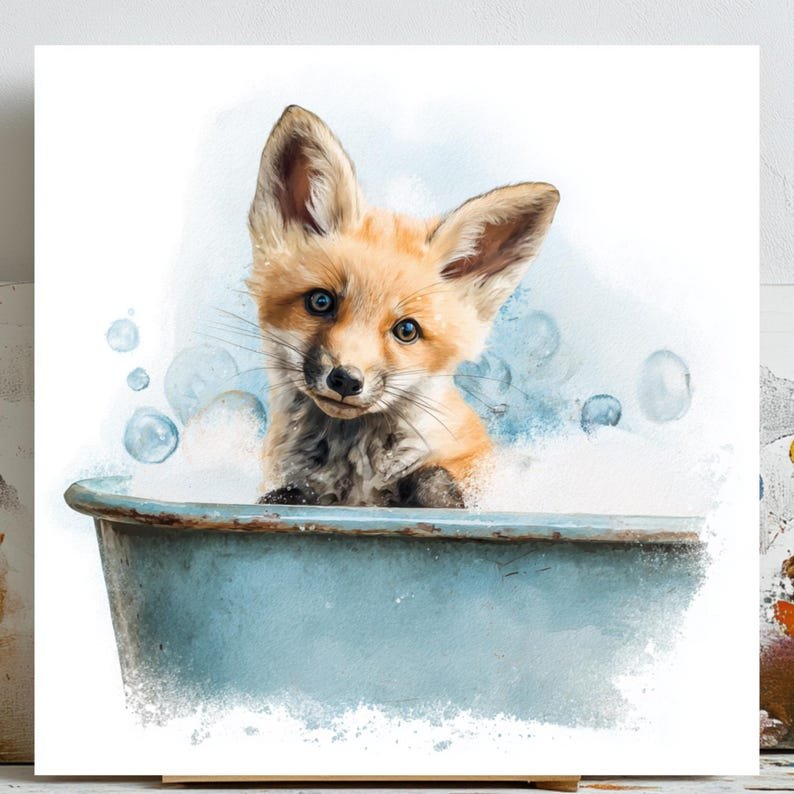 Baby Fox In Bathtub Wall Art, Canvas Or Poster, Whimsical Animal Bathroom Decor, Funny Fox Wall Hanging, Kids Bath Art, Nursery Room Decor