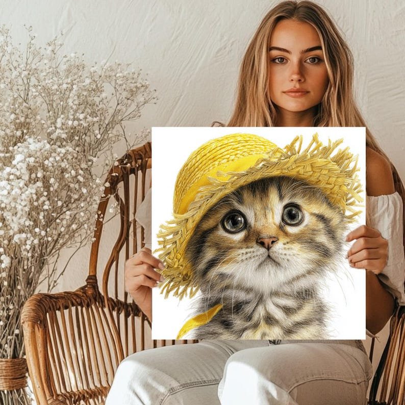 Cute Kitten Wall Art, Canvas Or Poster, Cat With Straw Hat Print,Nursery Animal Decor, Kids Room Art, Whimsical Pet Wall Decor, Cat Wall Art - Image 5