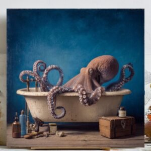 Octopus In Bathtub, Canvas Or Poster, Funny Bathroom Wall Art, Ocean Bathroom Decor, Nautical Wall Hanging, Marine Animal Art, Home Decor