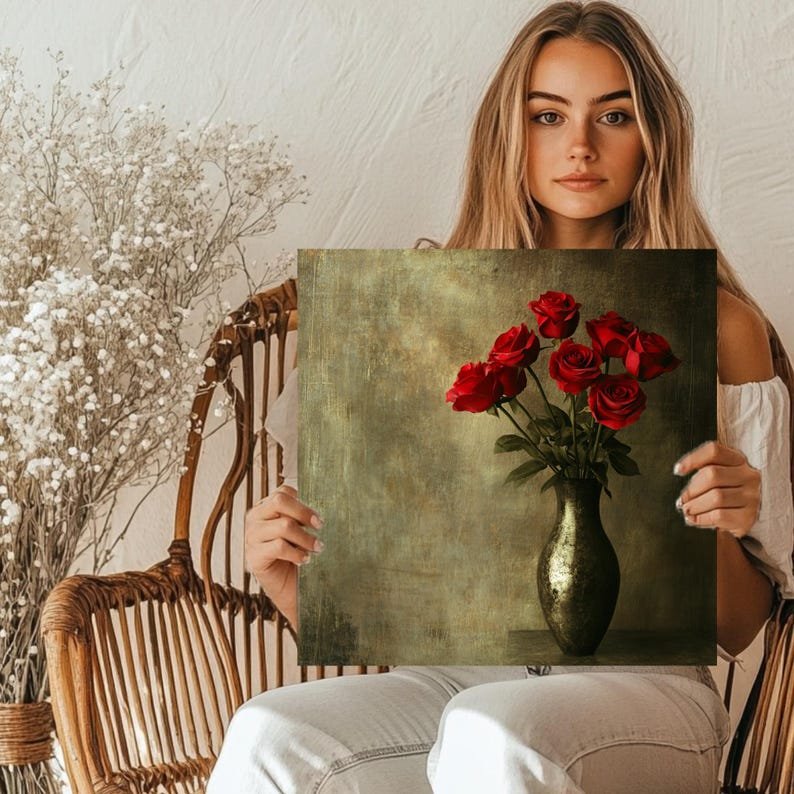 Red Rose Bouquet Art Print: Vintage Floral Vase Decor - Image 5