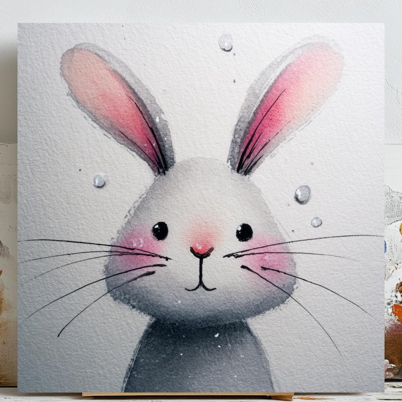 Watercolor Bunny Wall Art, Canvas Or Poster, Boho Nursery Decor, Cute Rabbit Print, Woodland Animal, Baby Room Hanging, Kids Room Wall Art