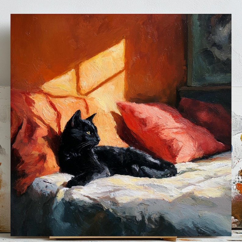 Black Cat Wall Art, Canvas Or Poster, Animal Decor, Cat Wall Decor, Rustic Design, Cozy Wall Art, Warm Home Decor, Bedroom Artwork