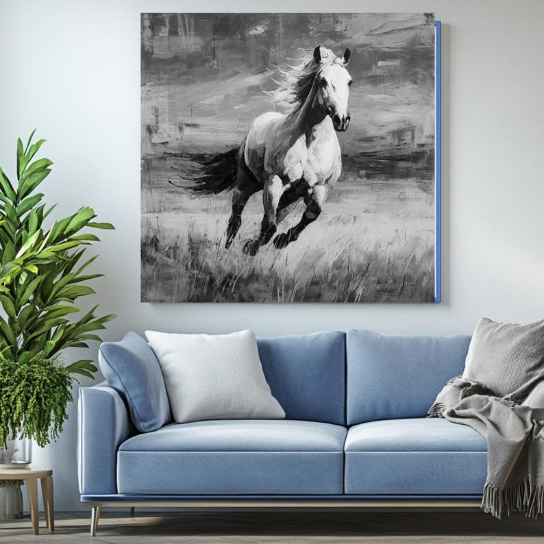 Running White Horse Wall Art, Canvas Or Poster, Black and White Horse Decor,Farmhouse Wall Art, Equestrian Art Print, Modern Living Room Art - Image 3