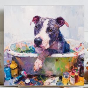 Pitbull In Bathtub Wall Art, Canvas Or Poster Print, Funny Bathroom Decor, Colorful Dog Painting, Impasto Animal Art, Pitbull Mom Gift Idea