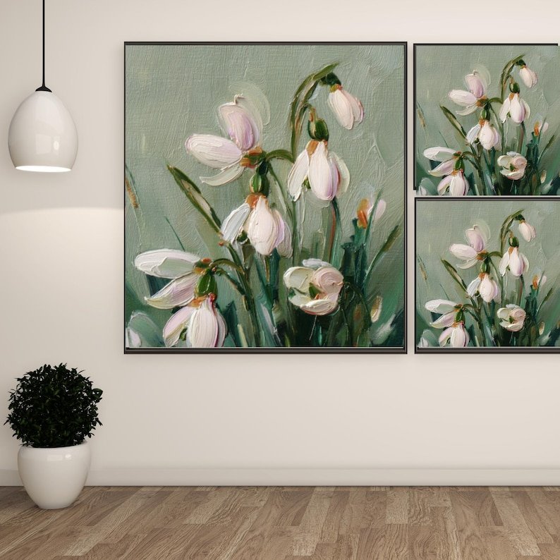 Snowdrop Flowers Wall Art, Canvas or Poster, Floral Textured Decor, Living Room Bedroom Entryway Wall Art, White Botanical Painting,Home Art - Image 2