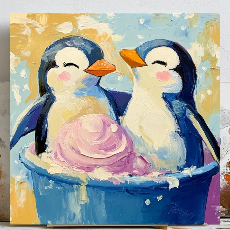 Happy Penguins Wall Art, Canvas or Poster, Cute Animal Nursery Decor, Winter Kids Room Wall Art, Playful Arctic Theme, Whimsical Wall Print