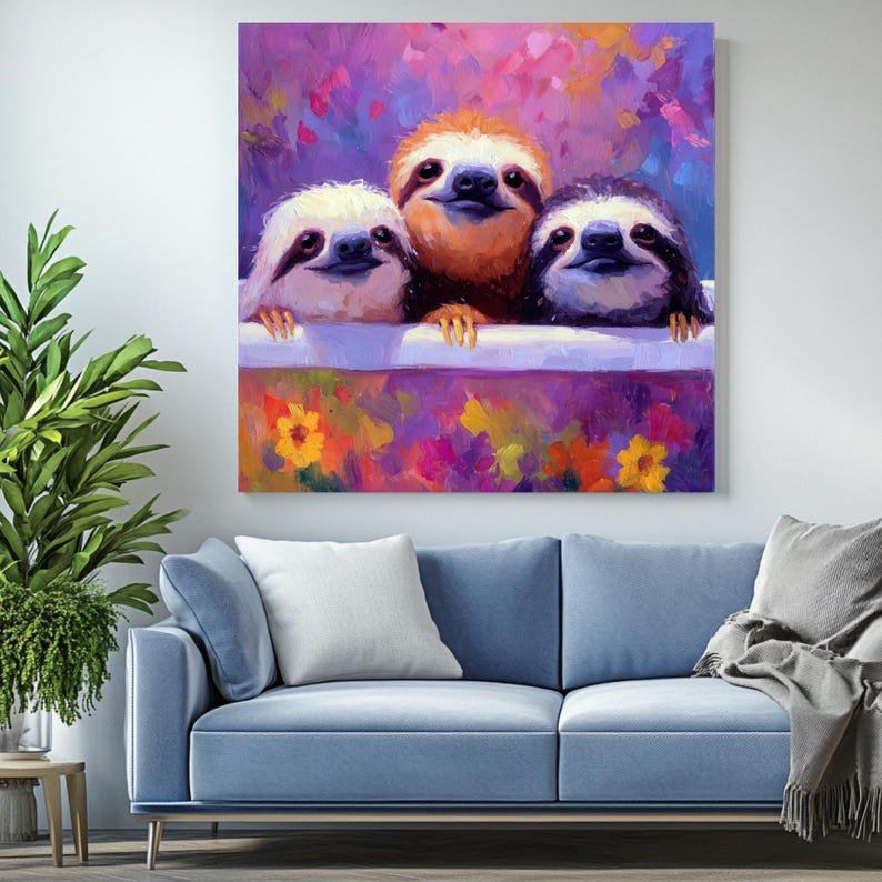 Three Sloths Wall Art, Canvas Or Poster, Whimsical Animal Decor, Living Room Office Nursery Wall Art, Purple Pink Yellow Orange,Bathroom Art - Image 4