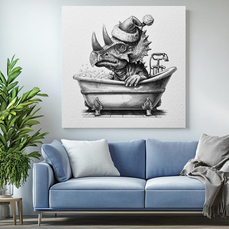 Triceratops In Bathtub Art, Canvas Or Poster, Funny Animal Bathroom Wall Decor, Santa Hat Dinosaur Print, Holiday Home Decor, Dinosaur Art - Image 4