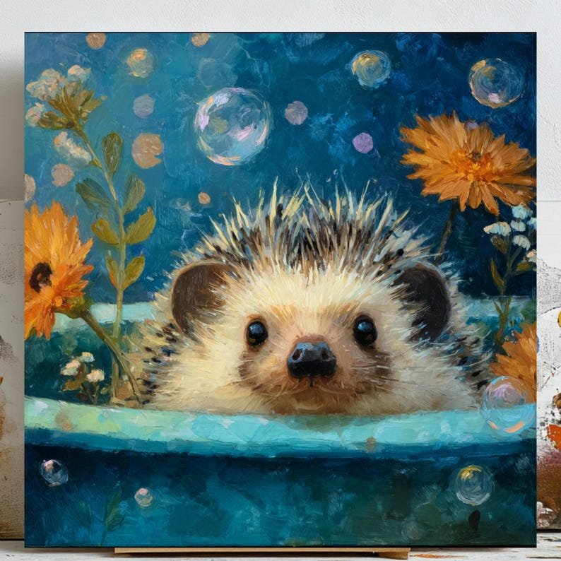 Hedgehog In Bathtub, Canvas Or Poster, Bathroom Wall Art, Hedgehog Wall Art, Animal Decor, Bathroom Wall Decor, Home Decor, Living Room Art