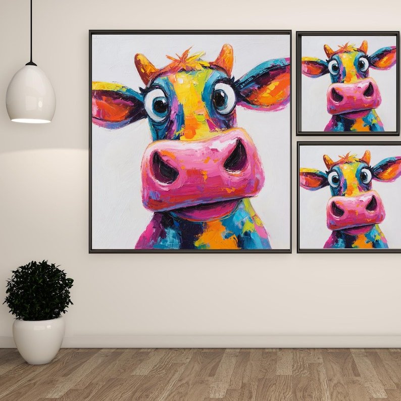 Colorful Cow Wall Art, Canvas Or Poster, Whimsical Animal Decor, Modern Farmhouse Kitchen Decor, Kids Nursery Room Wall Art, Cow Painting - Image 2
