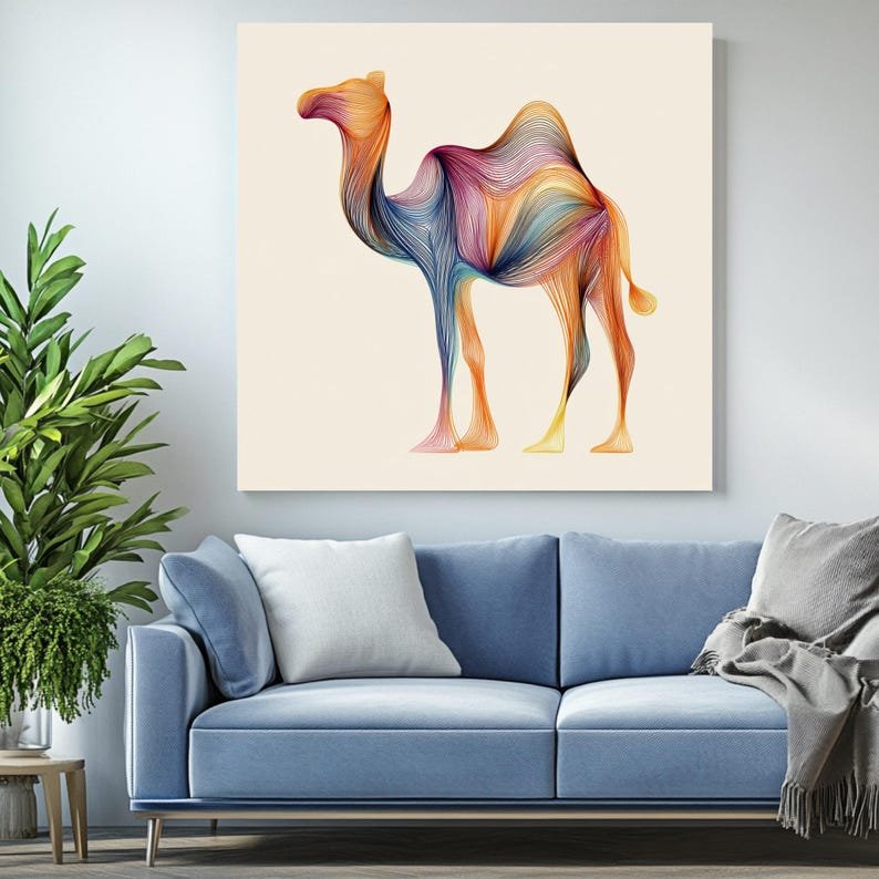 Abstract Camel Wall Art, Canvas or Poster, Colorful Line Art Animal Decor, Modern Desert Theme, Living Room Decor, Unique Art Gift, Boho Art - Image 3