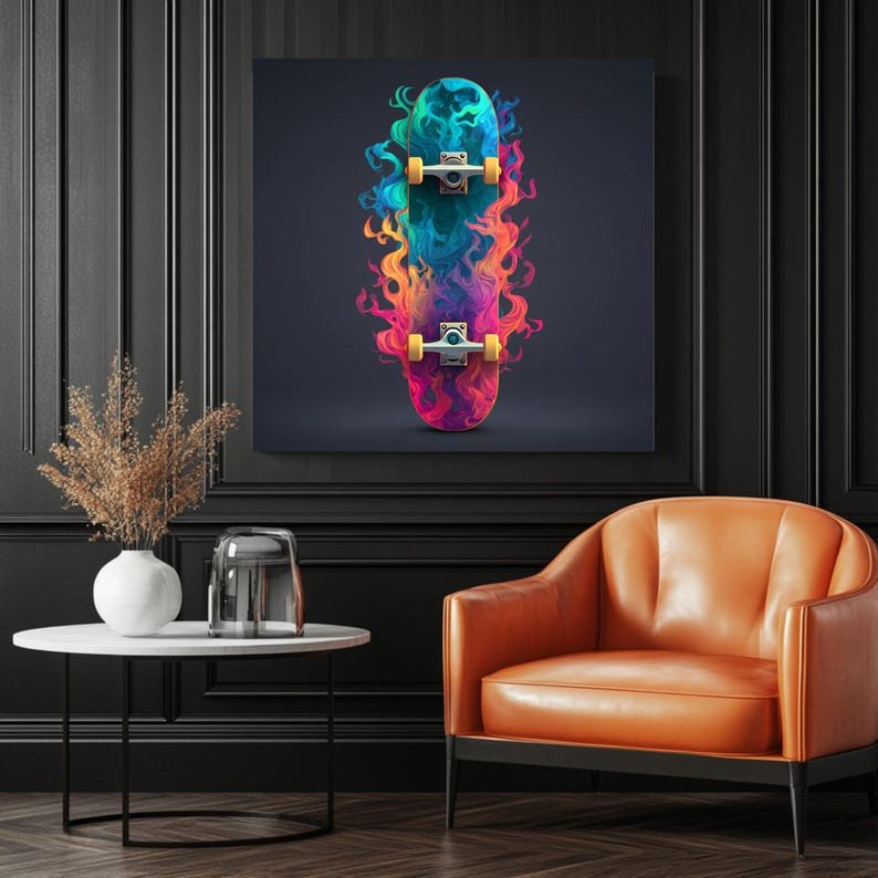 Colorful Flaming Skateboard Canvas or Poster, Modern Skater Wall Art, Vibrant Fire Board Design, Teen Room Decor, Gift for Skate Lovers - Image 3