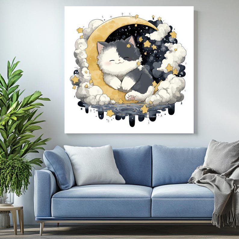 Cute Moon Cat Wall Art, Canvas Or Poster, Unique Wall Decor, Nursery Decor, Home Decor, Cat Wall Hanging, Dreamy Cat, Kids Room Decor - Image 4