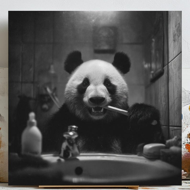 Brushing Teeth Panda Wall Art, Canvas or Poster, Bathroom Wall Hanging, Funny Animal Decor, Cute Panda Art, Home Wall Decor, Bathroom Humor