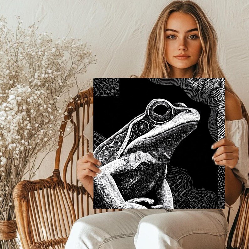 Frog Wall Art, Black and White Frog Print, Canvas Or Poster, Stippling Animal Decor, Modern Nature Art, Office Wall Decor, Toad Wall Hanging - Image 4