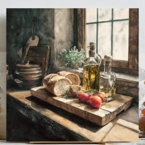 Rustic Kitchen Wall Art, Canvas or Poster, Bread and Olive Oil Still Life Painting, Farmhouse Dining Room Decor, Country Kitchen Wall Art