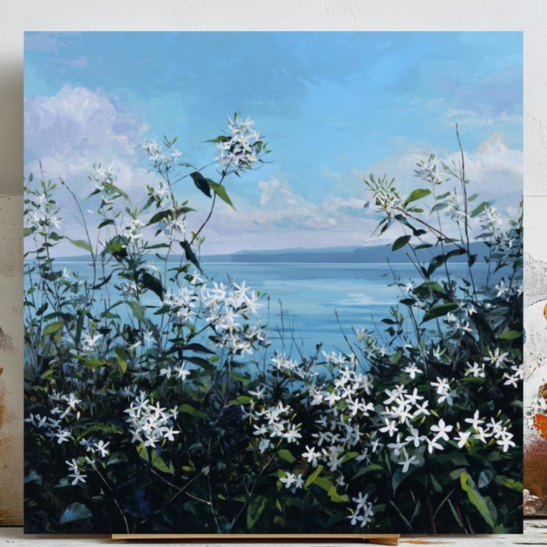 Seaside Flower Field Wall Art, Canvas or Poster, Relaxing Coastal Landscape Painting, Bedroom or Living Room Wall Hanging, Nature Home Decor